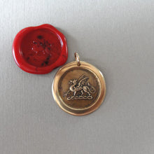 Load image into Gallery viewer, Dragon Wax Seal Pendant - antique wax seal jewelry Protection charm symbol Heraldic Dragon passant in bronze - RQP Studio