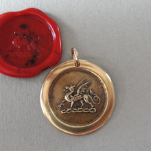 Load image into Gallery viewer, Dragon Wax Seal Pendant - antique wax seal jewelry Protection charm symbol Heraldic Dragon passant in bronze - RQP Studio