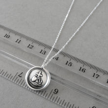 Load image into Gallery viewer, Wax seal necklace with the symbols for Faith Hope and Love. Antique wax seal charm jewelry with cross, anchor and heart made in silver by RQP Studio.