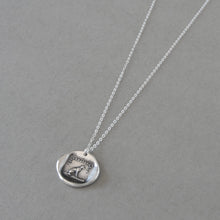 Load image into Gallery viewer, Wax seal necklace with a sitting dog and French caption "Recognition" - Gratitude Thankfulness. Antique wax seal charm jewelry made in silver.