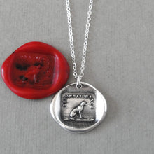 Load image into Gallery viewer, Wax seal necklace with a sitting dog and French caption "Recognition" - Gratitude Thankfulness. Antique wax seal charm jewelry made in silver.