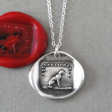 Load image into Gallery viewer, Wax seal necklace with a sitting dog and French caption "Recognition" - Gratitude Thankfulness. Antique wax seal charm jewelry made in silver.