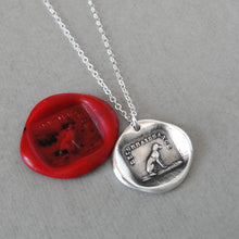 Load image into Gallery viewer, Wax seal necklace with a sitting dog and French caption "Recognition" - Gratitude Thankfulness. Antique wax seal charm jewelry made in silver.