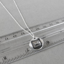 Load image into Gallery viewer, Wax seal necklace with horse and French caption "High Spirited Yet Sensitive". Antique wax seal jewelry made in silver with an equestrian theme.
