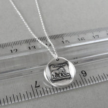 Load image into Gallery viewer, Wax seal necklace with Aesop fable "The Lion and The Mouse" and French motto. Antique wax seal charm jewelry made in silver.