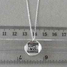 Load image into Gallery viewer, Wax seal necklace with Aesop fable "The Lion and The Mouse" and French motto. Antique wax seal charm jewelry made in silver.
