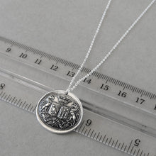 Load image into Gallery viewer, Wax seal necklace with unicorns, birds, stars, and Latin motto with promise of time. Antique wax seal charm jewelry crest made in silver.