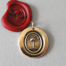Load image into Gallery viewer, Wax Seal Charm Palm Tree - antique wax seal jewelry in bronze Latin crest motto When Struck I Rise - RQP Studio