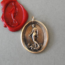 Load image into Gallery viewer, Wax seal pendant depicting Venus, goddess of love, standing on a shell drawn by a team of dolphins. Antique wax seal charm jewelry made in solid bronze.