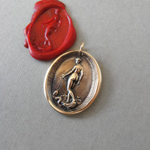Load image into Gallery viewer, Wax seal pendant depicting Venus, goddess of love, standing on a shell drawn by a team of dolphins. Antique wax seal charm jewelry made in solid bronze.