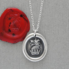 Load image into Gallery viewer, Dragon and Crown Silver Wax Seal Necklace - Protection Heraldic Jewelry