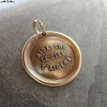 Load image into Gallery viewer, Heaven Helps Wax Seal Charm - antique wax seal charm jewelry - French motivational motto quote proverb pendant - RQP Studio