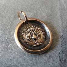 Load image into Gallery viewer, Peacock Wax Seal Charm - French motto The Most Beautiful - bronze wax seal jewelry - RQP Studio