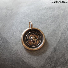 Load image into Gallery viewer, Wax Seal Charm Theatre Mask- antique wax seal jewelry in bronze with French motto - RQP Studio