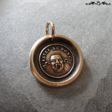 Load image into Gallery viewer, Wax Seal Charm Theatre Mask- antique wax seal jewelry in bronze with French motto - RQP Studio