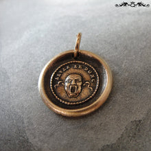 Load image into Gallery viewer, Wax Seal Charm Theatre Mask- antique wax seal jewelry in bronze with French motto - RQP Studio