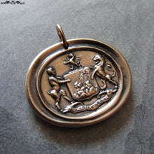 Load image into Gallery viewer, Wax Seal Charm Satyr & Lion crest - antique wax seal jewelry pendant Latin strength motto The World Trembles - RQP Studio
