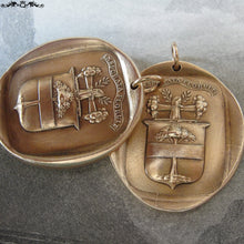 Load image into Gallery viewer, Wax Seal Charm - Flourish - antique wax seal jewelry pendant with Latin Strength motto tree crest - RQP Studio