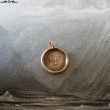 Load image into Gallery viewer, Friendship Wax Seal Charm - antique wax seal jewelry Good Friends French motto with Winged Hourglass - RQP Studio