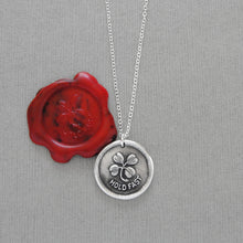 Load image into Gallery viewer, Lucky Clover Wax Seal Necklace - Hold Fast Good Luck Motto Antique Silver Shamrock Wax Seal Jewelry