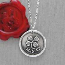 Load image into Gallery viewer, Lucky Clover Wax Seal Necklace - Hold Fast Good Luck Motto Antique Silver Shamrock Wax Seal Jewelry