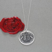 Load image into Gallery viewer, Unicorn Crest Birds Stars - Silver Wax Seal Necklace Latin motto Promise Of Time