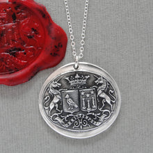 Load image into Gallery viewer, Unicorn Crest Birds Stars - Silver Wax Seal Necklace Latin motto Promise Of Time