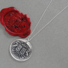 Load image into Gallery viewer, Unicorn Crest Birds Stars - Silver Wax Seal Necklace Latin motto Promise Of Time