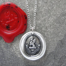 Load image into Gallery viewer, Griffin Wax Seal Necklace - To The Brave Reward - antique wax seal jewelry in silver - RQP Studio