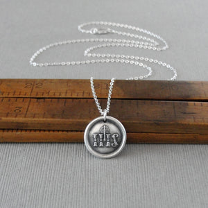 IHS Christogram Wax Seal Necklace - Antique Wax Seal Jewelry In Silver With Faith Cross