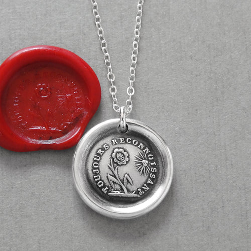 Wax Seal Necklace Gratitude - antique wax seal charm jewelry French Thank You flower motto - RQP Studio