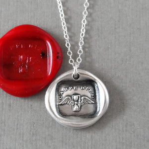 Carpe Diem Wax Seal Necklace - Seize the Day - antique Latin motto with wings and hourglass in silver