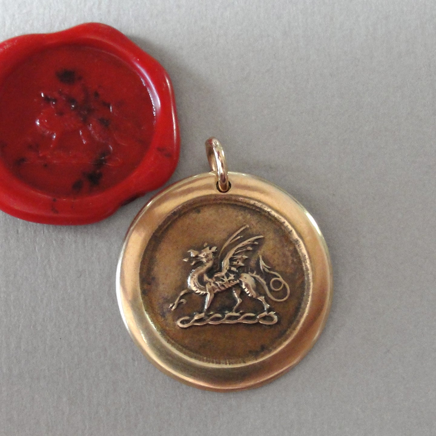 Dragon Wax Seal Pendant - antique wax seal jewelry Protection charm symbol Heraldic Dragon passant in bronze - RQP Studio