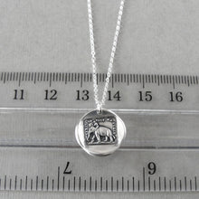 Load image into Gallery viewer, Wax seal necklace with elephant and French inspirational motto &quot;Reason Is My Strength&quot;. Antique wax seal charm jewelry in silver.
