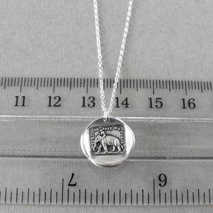 Wax seal necklace with elephant and French inspirational motto "Reason Is My Strength". Antique wax seal charm jewelry in silver.
