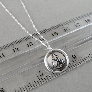 Wax seal necklace with the symbols for Faith Hope and Love. Antique wax seal charm jewelry with cross, anchor and heart made in silver by RQP Studio.
