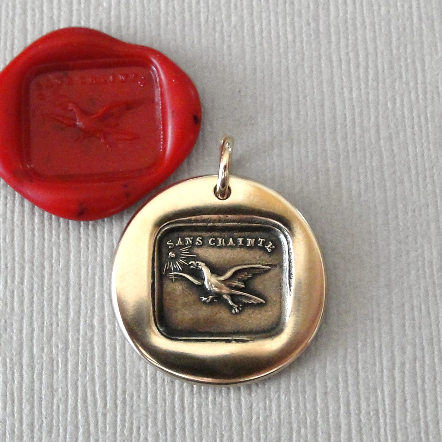 Fearless Wax Seal Charm with eagle - Soar Without Fear - antique wax seal charm jewelry French No Fear motto - RQP Studio