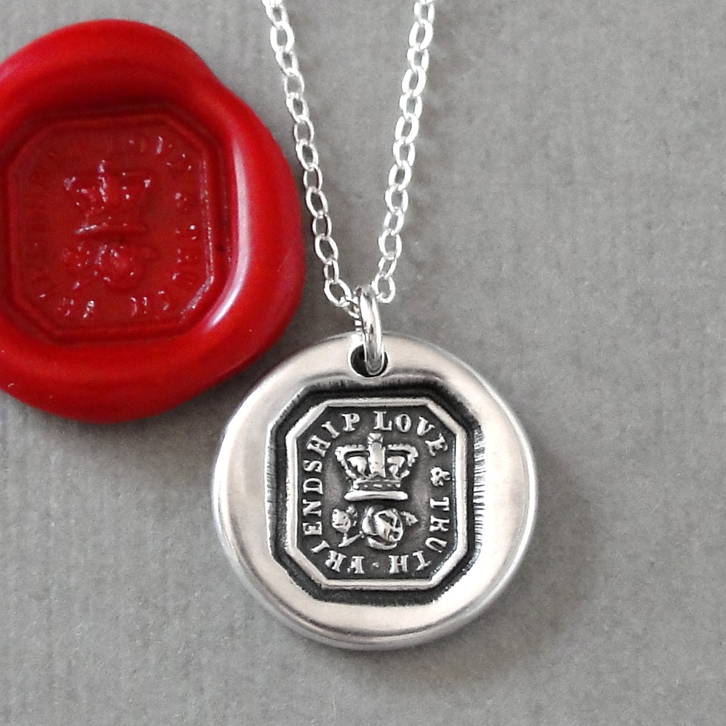 Friendship Love Truth - Wax Seal Necklace With Crown And Rose - Antique Wax Seal Jewelry