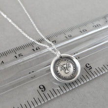 Load image into Gallery viewer, Wax seal necklace with friendship motto in French &quot;Time Passes But The Friendship Remains&quot;. Antique wax seal charm jewelry made in silver.
