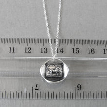 Load image into Gallery viewer, Wax seal necklace with horse and French caption &quot;High Spirited Yet Sensitive&quot;. Antique wax seal jewelry made in silver with an equestrian theme.
