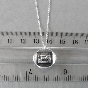 Wax seal necklace with horse and French caption "High Spirited Yet Sensitive". Antique wax seal jewelry made in silver with an equestrian theme.