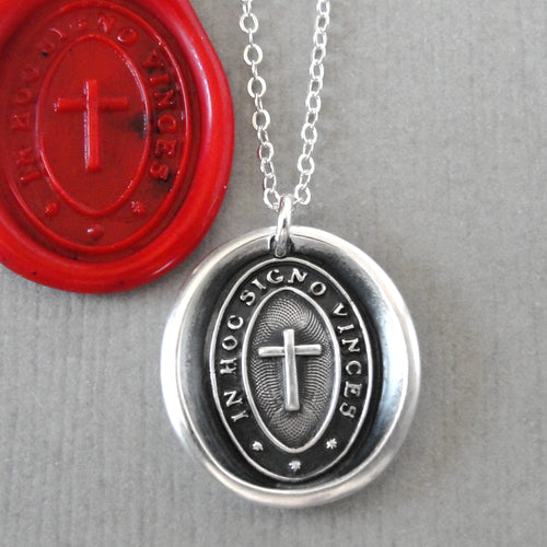 In This Sign You Shall Conquer Wax Seal Necklace In Silver - Antique Cross Wax Seal Jewelry