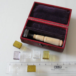 Antique English Intaglio Wax Seal Set 6 Intaglios Interchangeable Handle Victorian Desk Seal