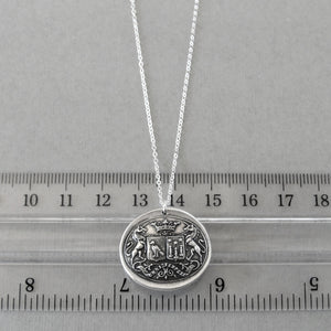 Wax seal necklace with unicorns, birds, stars, and Latin motto with promise of time. Antique wax seal charm jewelry crest made in silver.
