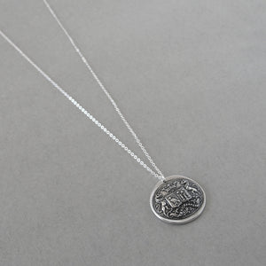 Wax seal necklace with unicorns, birds, stars, and Latin motto with promise of time. Antique wax seal charm jewelry crest made in silver.
