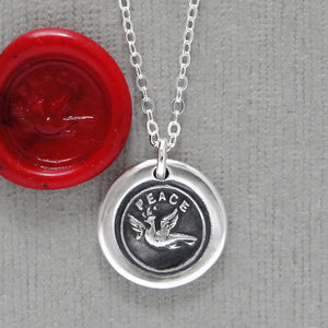 Peace Dove Wax Seal Necklace - Antique Victorian Wax Seal Jewelry In Silver With Bird