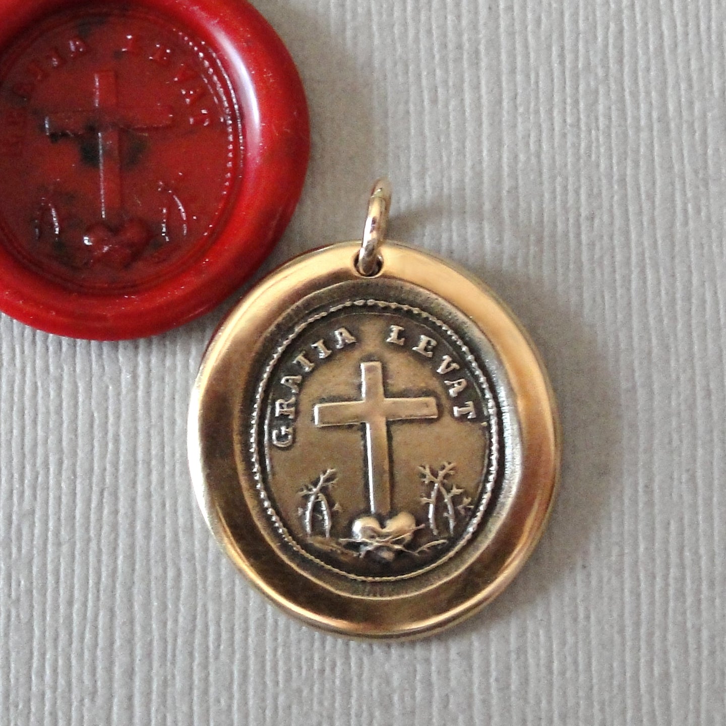 Wax Seal Pendant God's Grace Uplifts - Antique Wax Seal Jewelry Charm Bronze Cross and Heart