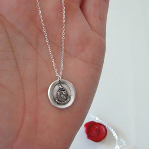  I Love - Silver Wax Seal Necklace With Peace Dove Latin Motto Amo