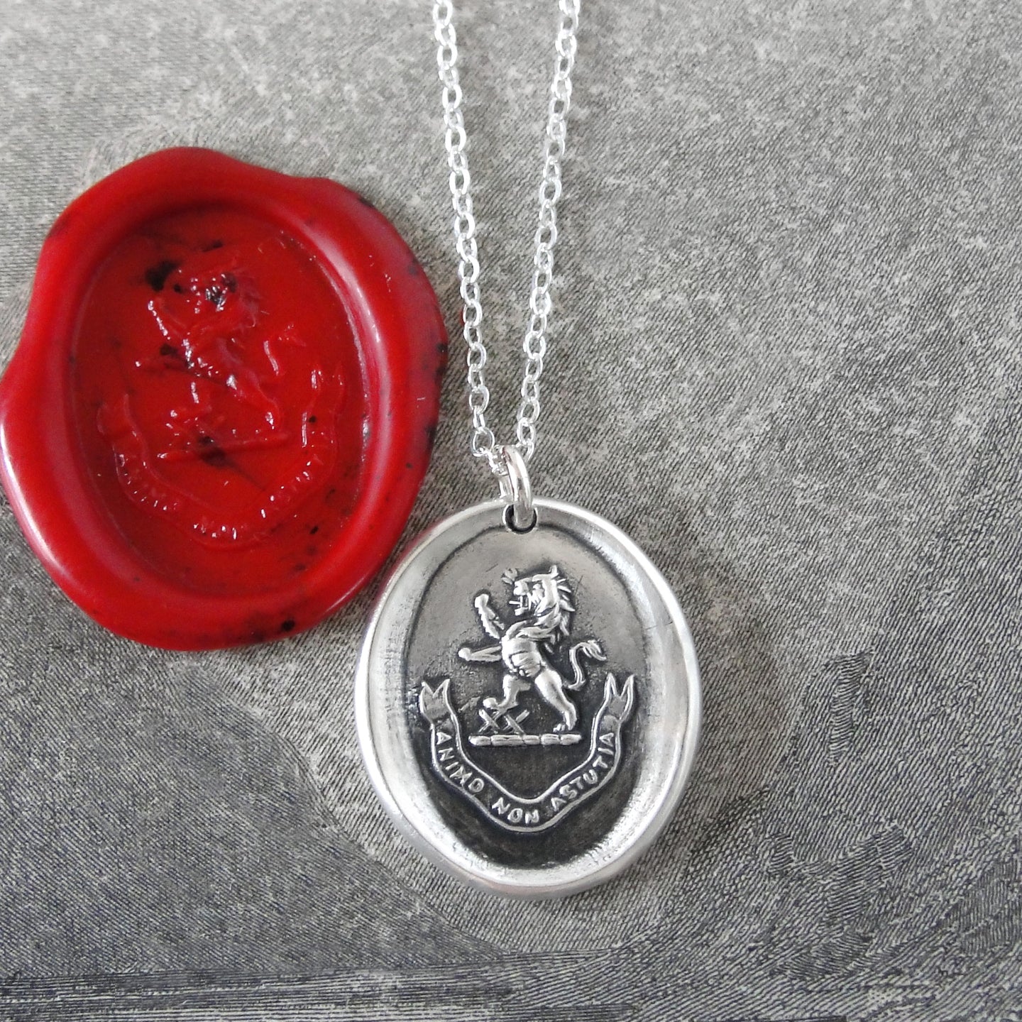 By Courage Not Stratagem - Silver Wax Seal Necklace Rampant Lion Bravery
