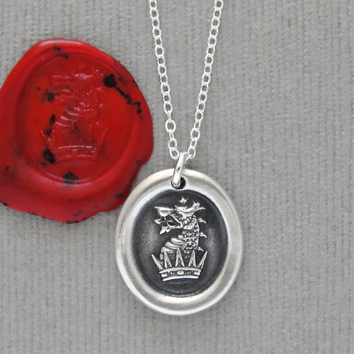 Dragon and Crown Silver Wax Seal Necklace - Protection Heraldic Jewelry
